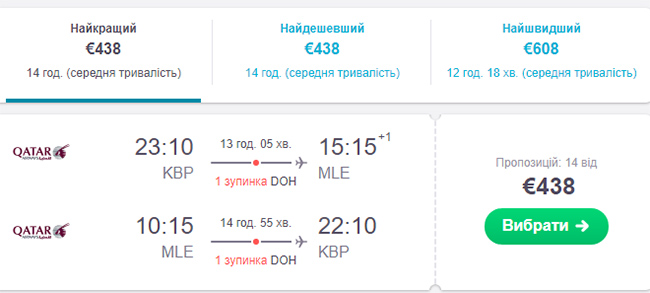 Приклад бронювання авіаквитків Київ - Мальдіви - Київ на сайті SkyScanner