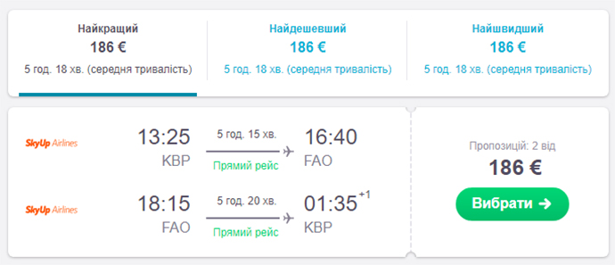 Авіаквитки Київ - Фару - Київ на сайті SkyScanner