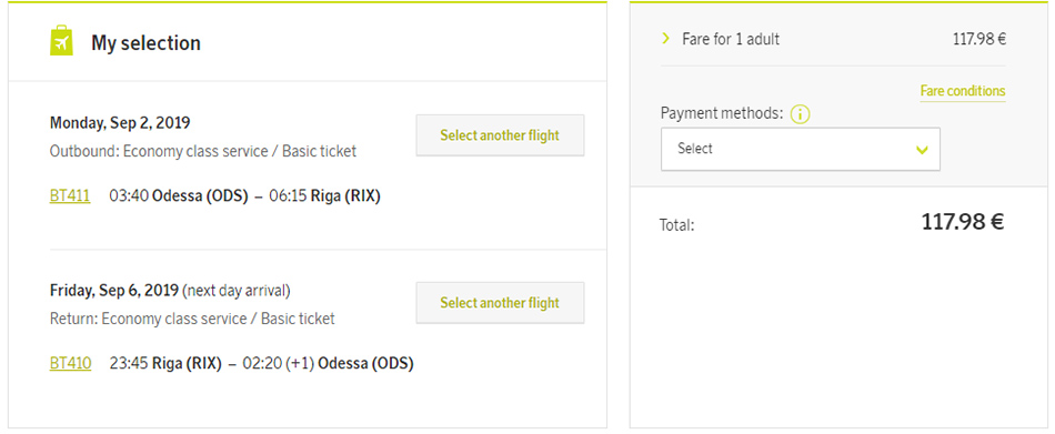 Авіаквитки із Одеси в Ригу "туди-назад" на сайті airBaltic