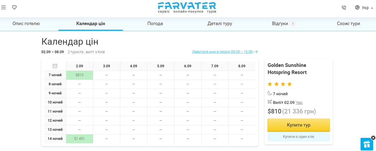 Календар цін на сайті Farvater Travel