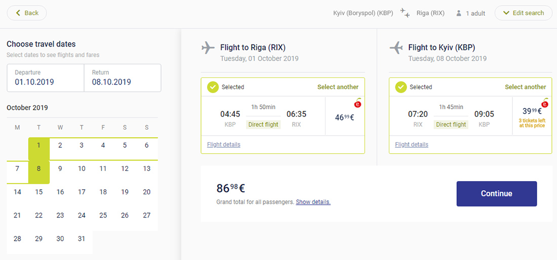 Лоукост-авіаквитки Київ - Рига - Київ на сайті airBaltic