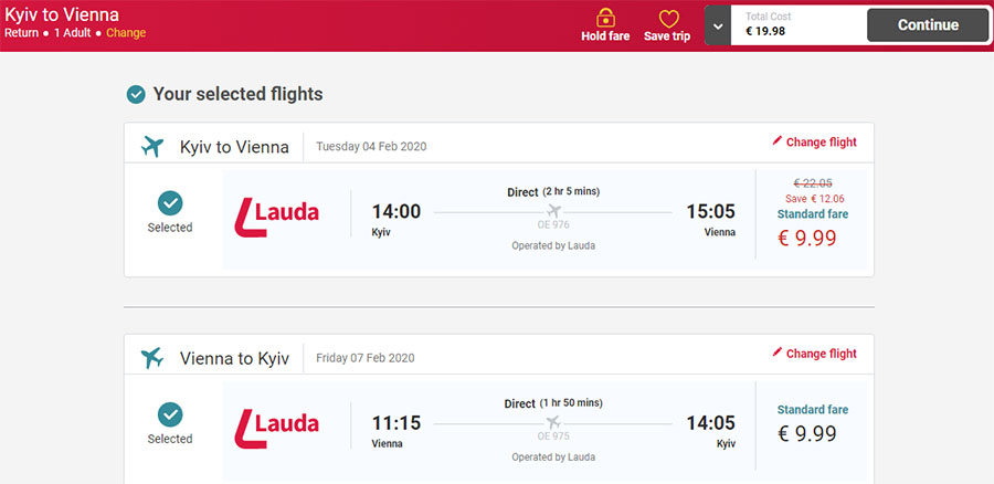 Лоукост-авіаквитки із Києва у Відень туди-назад на сайті Lauda в лютому