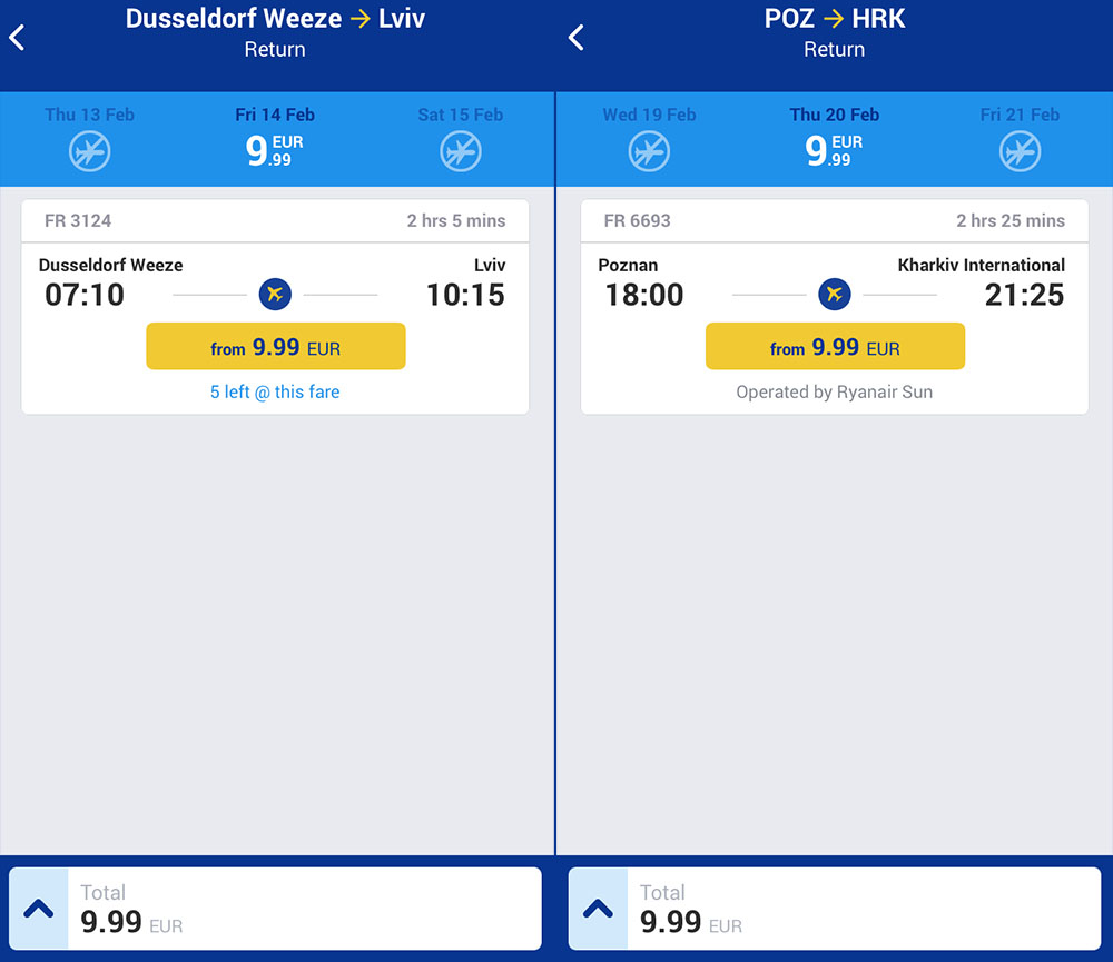 Авіаквитки зі Львова в Дюссельдорф туди-назад та із Харкова в Познань туди-назад в мобільносу додатку Ryanair