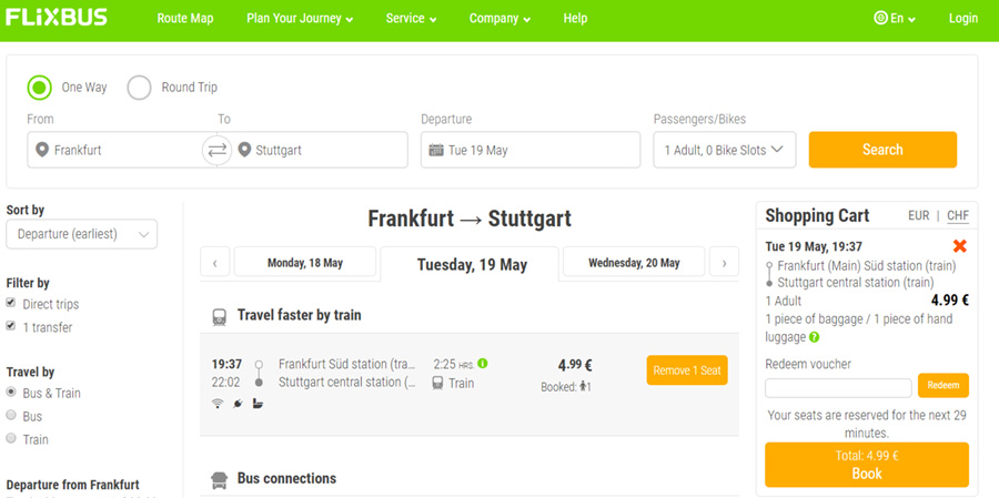 Дешеві квитки Франкфурт - Штутгарт на сайті FlixTrain: