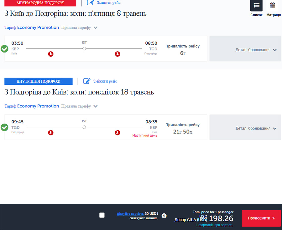 Приклад бронювання квитків Київ - Подгориця - Київ на сайті Turkish Airlines