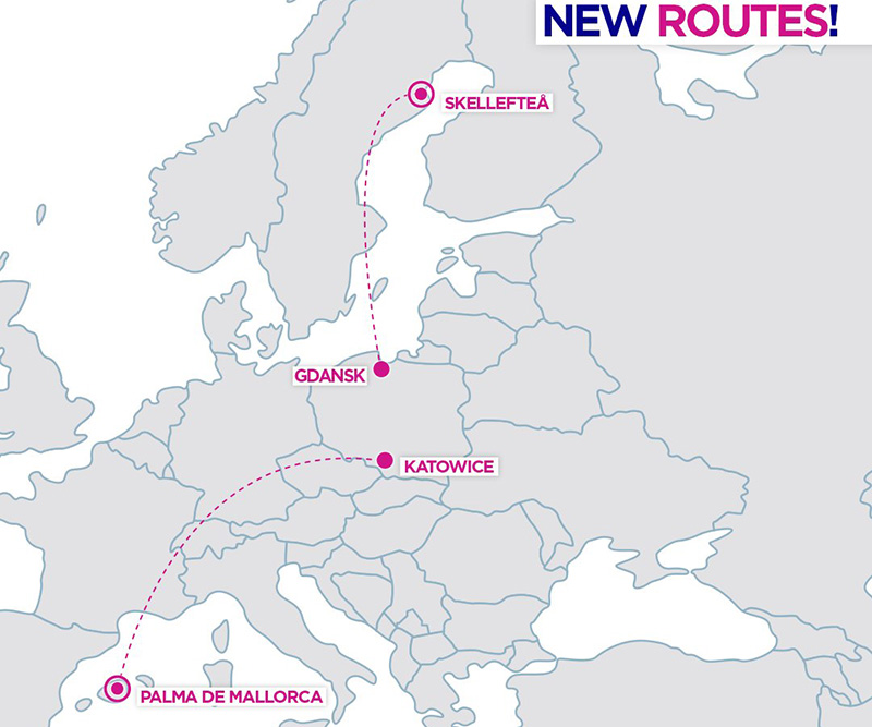 Карта нових напрямків Wizz Air з Польщі