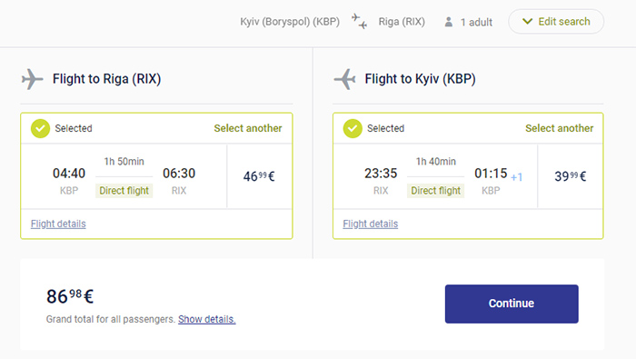 Акційні квитки Київ - Рига - Київ на сайті airBaltic
