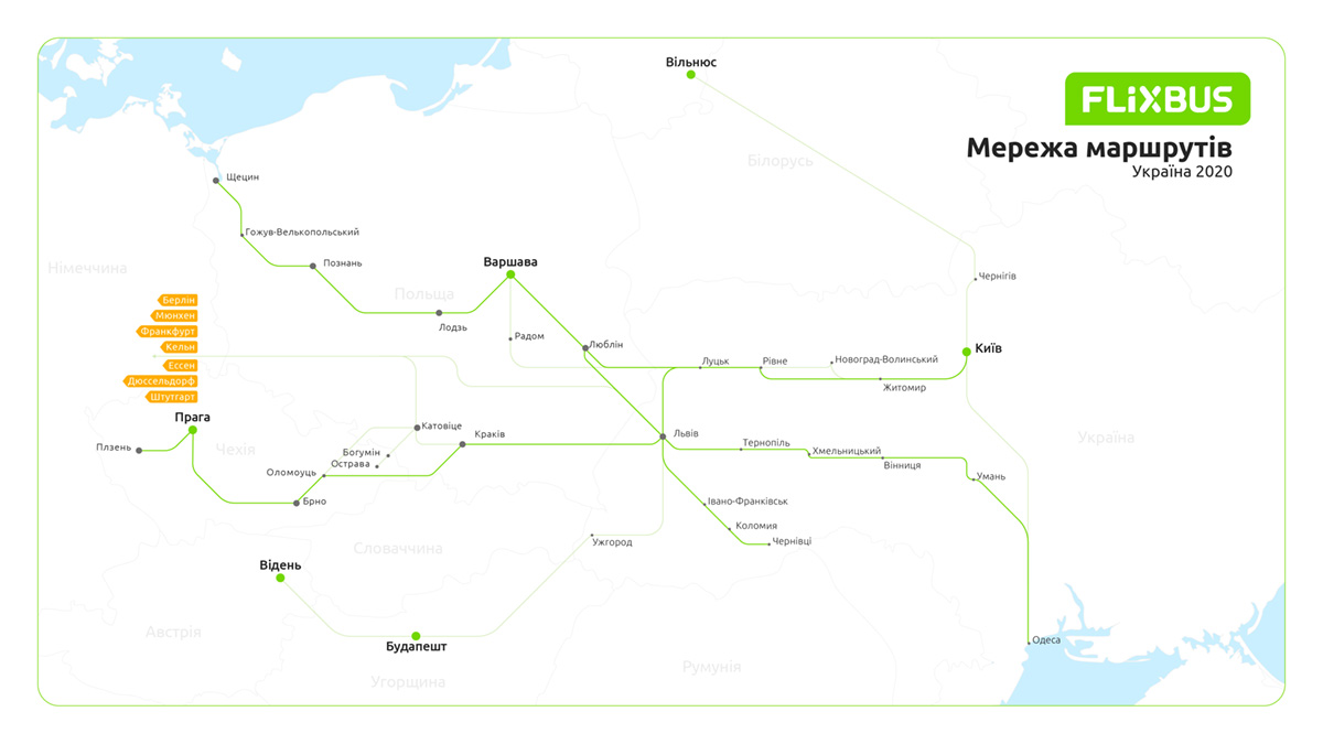 Карта напрямків FlixBus з України