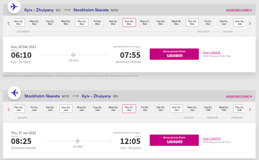 Приклад бронювання квитків Київ - Стокгольм - Київ на сайті Wizz Air: